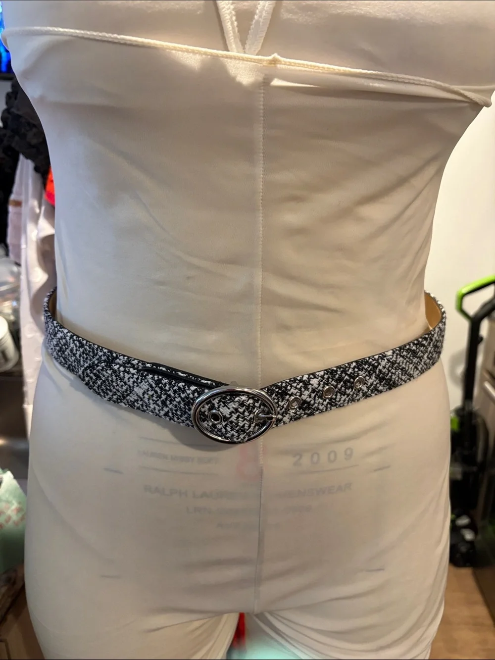 Talbots Black and White Woven Belt with Oval Silver Buckle